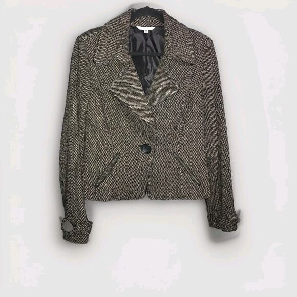 CAbi Tweed Cropped Moto Jacket Blazer Size 16 Brown Wool Blend Casual Office - Picture 1 of 10